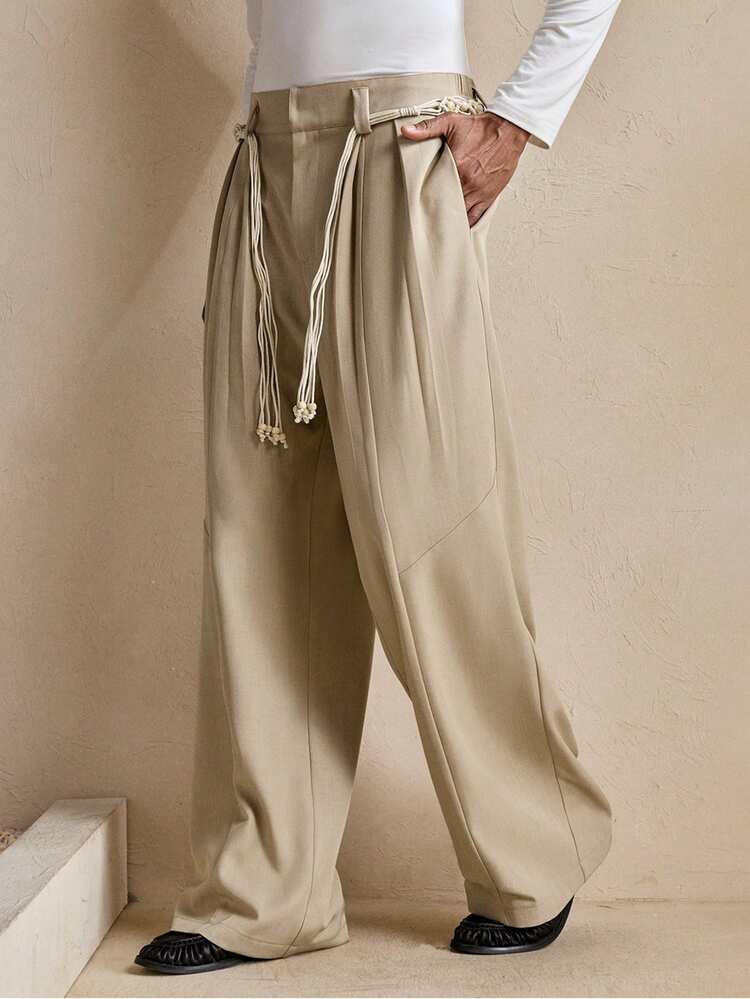 Calça Solta com Bolso Pregueado na Cintura AKNOTIC, Versátil para Festa de Natal, Banquete, Negócios, Casual, Feriado