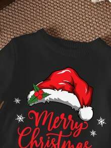 SHEIN Baby Boy Casual Classic Christmas Santa Hat & Merry Christmas Text Graphic Print Crew Neck Sweater, Suitable For Autumn/Winter, Christmas - White - View 5
