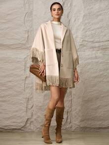 Modelyn 女士秋冬时尚流苏装饰大衣 - 杏色 - 查看 5