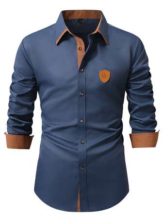 Manfinity Mode Camisa masculina casual de negócios com botões em cores contrastantes, manga longa, estilo camisa masculina de luxo, azul royal, azul e laranja, camisa masculina de grife, azul de grife.
