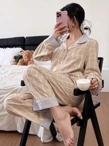 Women's Casual Plaid Print Cardigan Long Sleeve Pajama Set, Autumn/Winter Fall Clothes - Multicolor - View 7