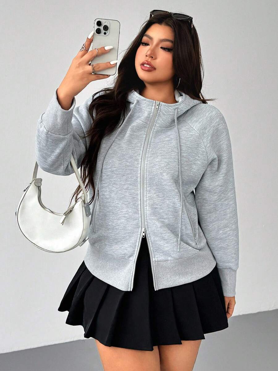 SHEIN EZwear Áo khoác nỉ dáng rộng, tối giản, màu trơn, có khóa kéo, thích hợp cho nữ mùa thu đông. - Xám - Xem 1