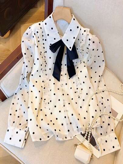 GlowEve Blusa de moda elegante para ir al trabajo con volantes y lazo de lunares de gasa, para otoño/invierno