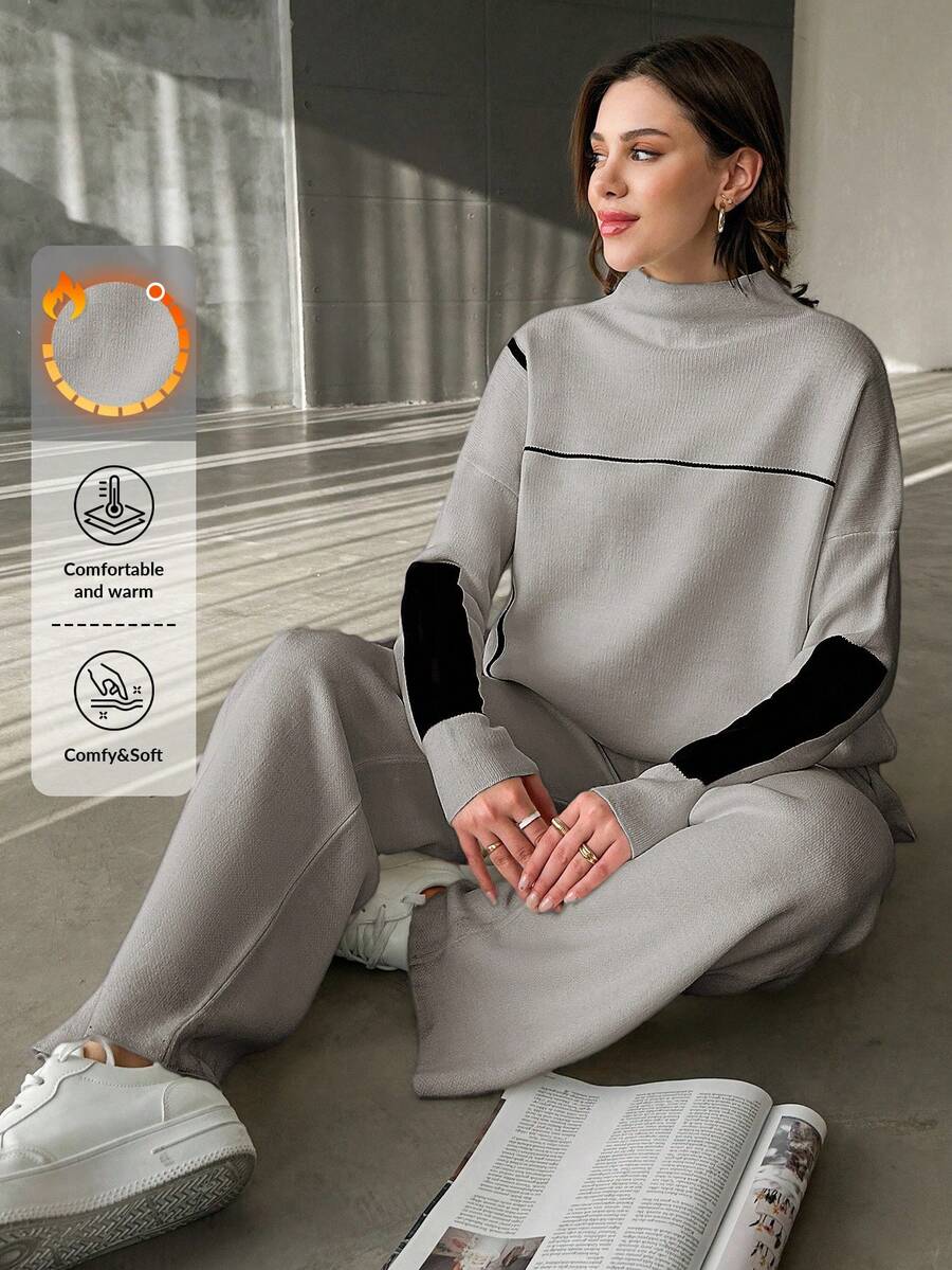 EURMUSE 2 pièces Ensemble Top et pantalon casual pour femmes, de couleur unie, avec col panneau et manches longues - Beige - Voir 1