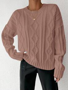 EURMUSE Jersey tejido de cable de hombros caídos - Rosa vieja - Ver 4