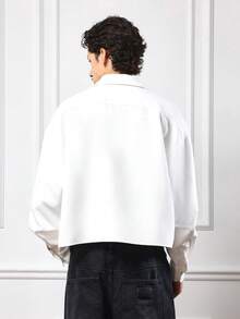 SUMWON 短款实用口袋白色牛仔宽松衬衫，翻盖纽扣闭合，长袖宽松版型，街头风，秋冬叠穿必备基础款纯色 - 白色 - 查看 3