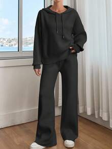 EURMUSE Women Solid Color Drop Shoulder Hooded Pullover & Sweater Pants Set - Black - View 6