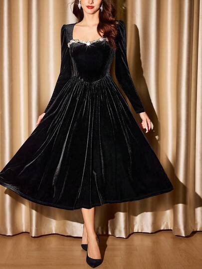 Vintamour 复古优雅女士连衣裙，带口袋，天鹅绒水晶心形领口，适合派对、庆典、鸡尾酒会等场合的正式礼服，女士冬季服装，女士圣诞服装，女士圣诞服装，冬季服装，女士圣诞服装，新年服装，女士优雅服装，圣诞派对服装，优雅派对服装，优雅派对服装，黑色服装，女士感恩节服装，新年服装，新年服装