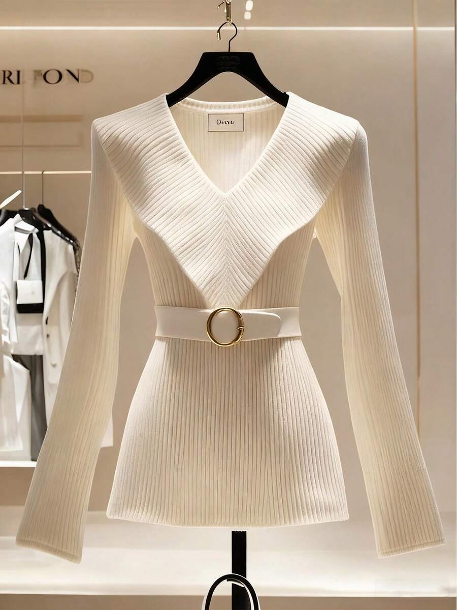 GlowEve V-Neck Ruffle Trim Fitted Elegant Sweater, Versatile Solid Color Soft & Comfortable Pullover For Women, Autumn/Winter