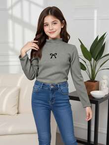 Tween Girl Bow Print Stand Collar Long Sleeve Fleece Casual T-Shirt Fall Winter - Black - View 8