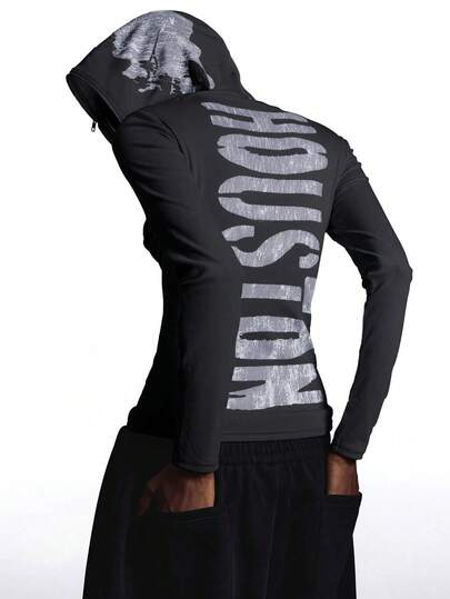 LYSMO Damen Schwarzer Reißverschluss Hoodie mit Buchstaben-Muster, Slim Fit, Langarm T-Shirt mit Kapuze, geeignet für Ausflüge, Schulanfang, Abschluss, Streetwear und Stockholm-Stil, Herbst