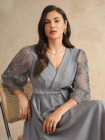 Flouryn 大码女式优雅 V 领亮片蕾丝拼接长袖、收腰 A 字长款黑色雪纺连衣裙，适合派对、聚会