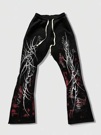 Goth Pantalon de survêtement décontracté pour hommes, style punk de rue, imprimé graphique, taille à cordon, évasé