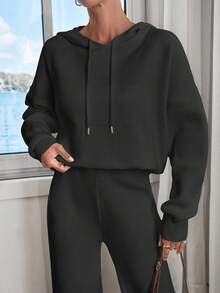 EURMUSE Women Solid Color Drop Shoulder Hooded Pullover & Sweater Pants Set - Black - View 7