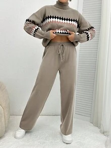 EURMUSE Women's Geometric Pattern High Neck Sweater 2pcs/Set - Beige - View 3