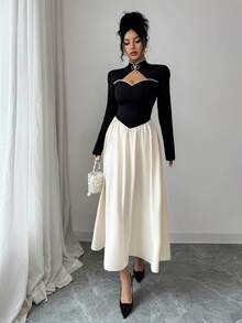 Elenzga Women's Color Block Rhinestone Decor Hollow Out Elegant Long Sleeve Midi Dress