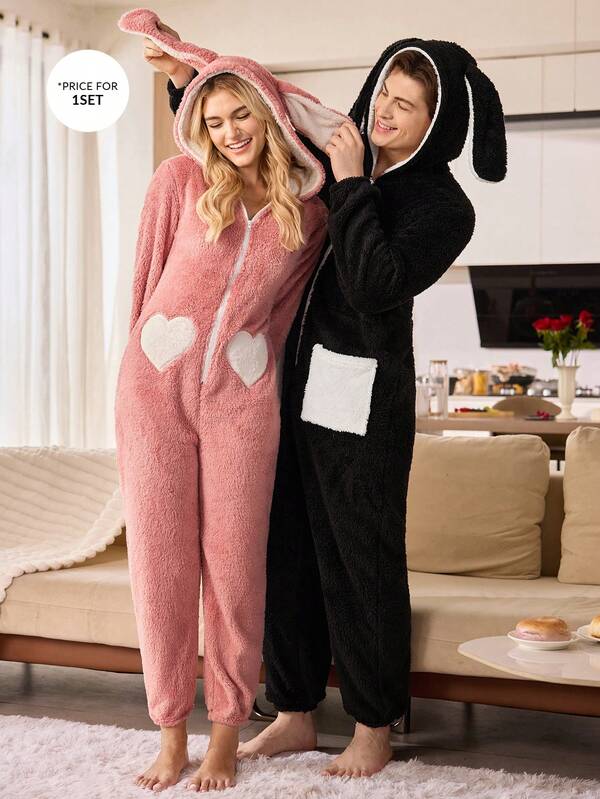 CoupledUp Men's Plush Hooded Long Ear Fluffy Loungewear , Autumn/Winter Couple Pajama