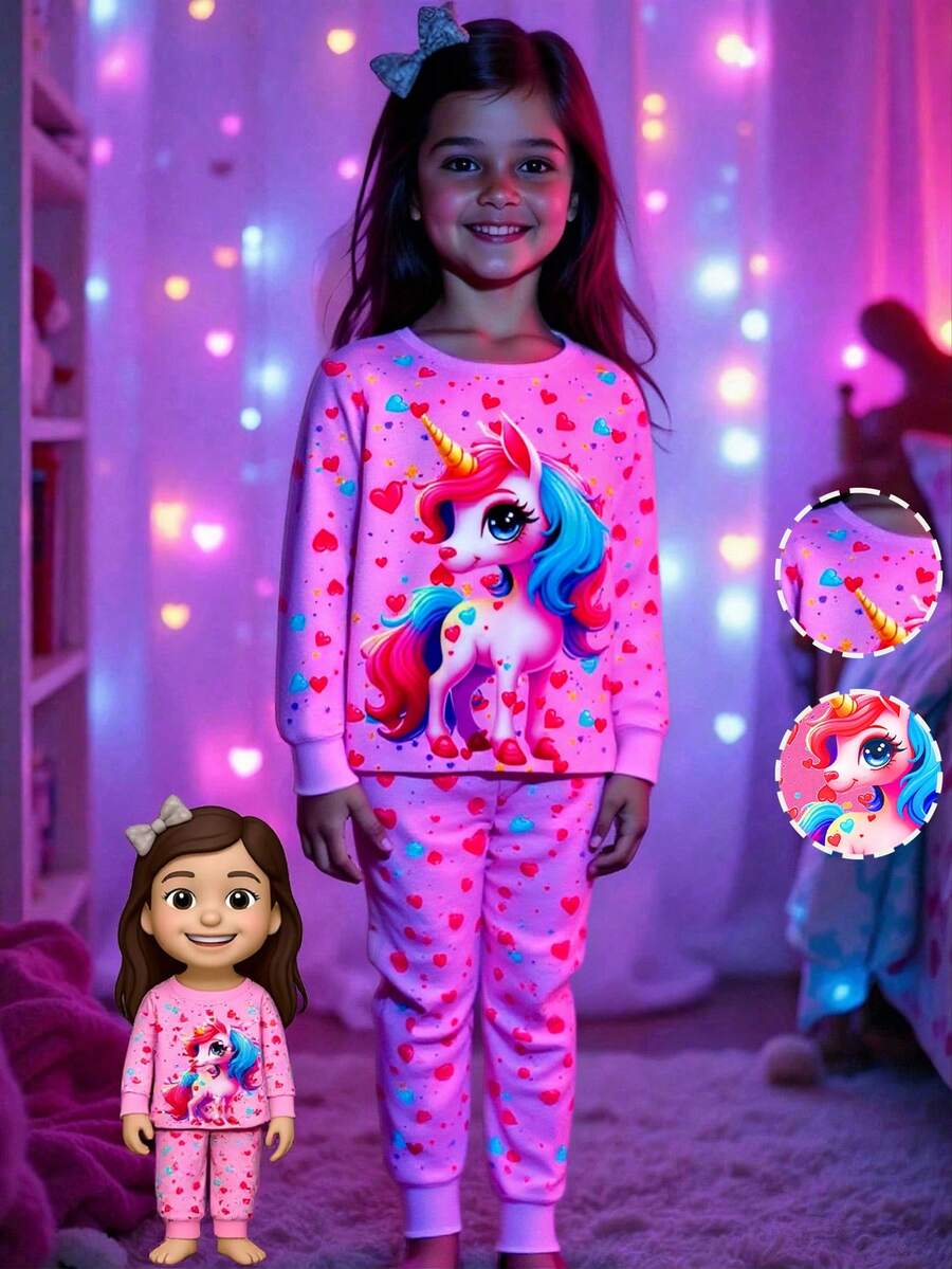 Conjunto de pijama de punto con cuello redondo, estampado de unicornio, bloque de color y luz en el corazón que brilla en la oscuridad para niñas, de tela elástica, cómodo y ajustado, con manga larga y pantalones, color rosa