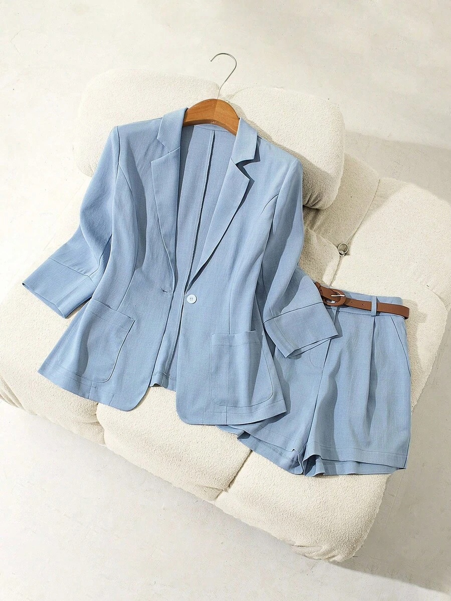 Airaco Bộ áo khoác blazer tay dài và quần short cỡ lớn màu xanh nhạt - Màu xanh lam - Xem 1