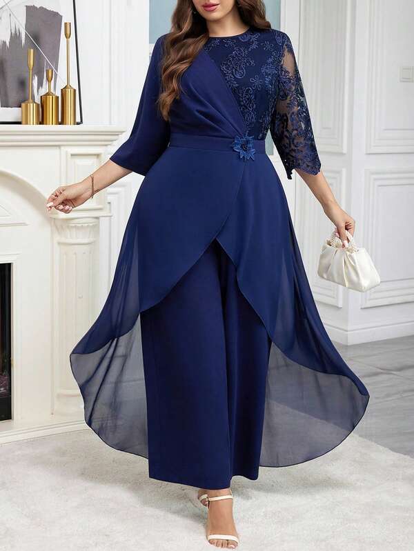 Reflora Curvy Plus Size Women's Blue Patchwork Embroidery 3/4 Sleeve Waist Wide Leg Jumpsuit, Elegant Chiffon Patchwork,Formal Jumpsuits For Women,Saudi National Day Clothing , Saudi National Day Dress, New Year Dress , New Year Women's Clothes , New Year Look ,Long Party Dresses , Elegant Dresses For Party , Curvy Party Dresses,Going Out ,Graduation Dress For Women ,Long Graduation Dress , Graduation Guest Dress , Elegant Long Graduation Dress , Ball Gown , Prom Dresses For Women , Formal Ball Gowns For Women , Prom Dress Plus Size,Sparkly Dress ,Sequin Dress,Night Out,Date Night Outfits Women,Mother Of The Bride Dresses For Wedding,Formal Dresses For Women ,Luxury Dress,Chic Evening Dress ,Black Formal Dress For Women/Winter,Suitable For Multiple Occasions