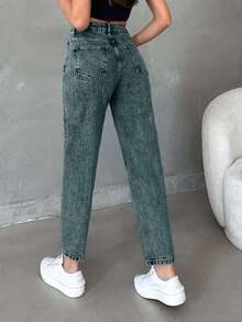 EURMUSE Women's High Waist Pocket Distressed Tapered Casual Jeans - Dusty Blue - View 2