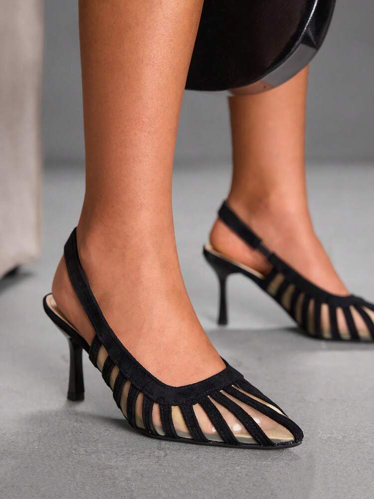 CUCCOO SZL 8cm Tacones de aguja con diseño calado, elegantes y de moda en piel sintética PU con tacones negros calados para fiestas y uso diario
