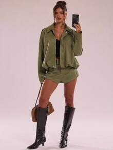 SHEIN BAE Women's Regular Faux Suede Long Sleeve Single Breasted Loose Casual Jacket, For Spring, Women's Pocket Metal Button Short Military Green Jacket Suitable For Spring And Autumn