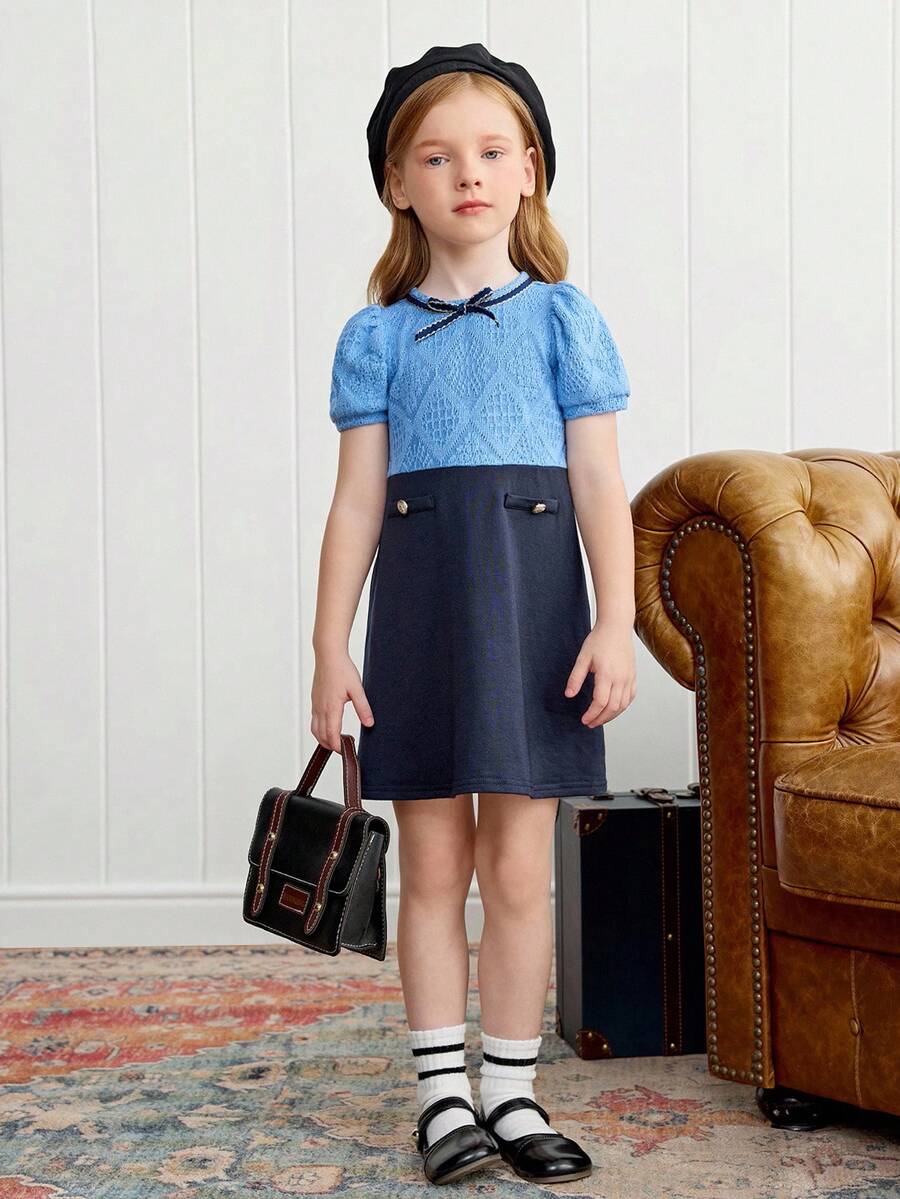 Joliand Joliand 1pc Young Girls Elegant Navy Blue Dress,Summer Back-To-School Geometric Print Puff Sleeve Bow Decor Patchwork School Uniform Preppy Career Day Dress - Multicolor - View 1