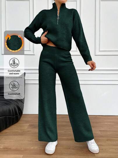 RueChic Set de 2 piezas de mujer con suéter de cuello alto casual de unicolor y pantalones de punto