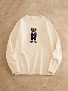 HIMLAND Herren Rundhals Strickpullover, Bärenmuster, einfarbig, leicht weite Passform