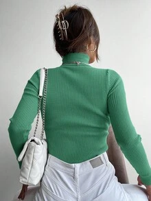 EURMUSE Solid Turtleneck Ribbed Knit Sweater - Green - View 2
