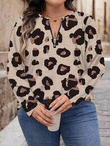 EMERY ROSE Plus Size Loose Fit Half Zip Round Neck Long Sleeve T-Shirt - Khaki - View 2