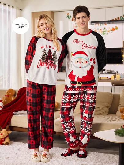 CoupledUp 2-częściowy dwustronny flanelowy komplet piżamowy z nadrukiem w kwiaty świąteczne, przytulne zimowe ubrania