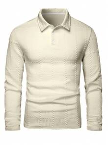 Manfinity Homme Men's Jacquard Fabric Button Placket Long Sleeve Polo Shirt, Spring And Autumn,White Button Up Men Polo Shirt - Apricot - View 3