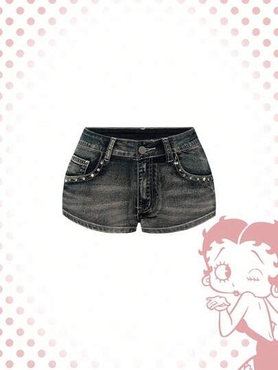 Betty Boop | ROMWE Short en jean vintage femme style punk Y2K taille basse super court avec broderie de pistolet