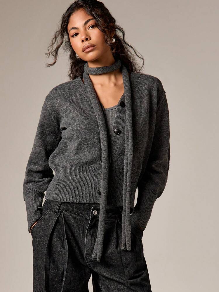 Chunky Knit Cardigan With Scarf