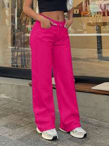 EURMUSE 100% Cotton LOW RISE WIDELEG CUT WHITE JEAN - Hot Pink - View 3