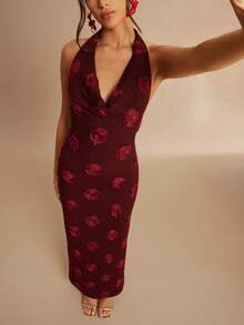 Silquee 花卉印花挂脖垂坠露背优雅无袖连衣裙 - 酒紅色 - 查看 6