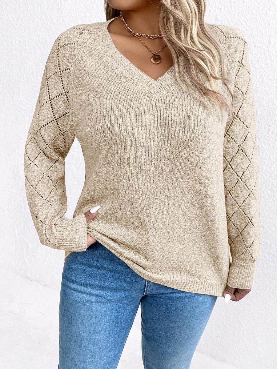 SHEIN LUNE V领休闲舒适花卉印花长袖毛衣，加大码 - 杏色 - 查看 1