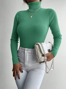 EURMUSE Solid Turtleneck Ribbed Knit Sweater - Green - View 6