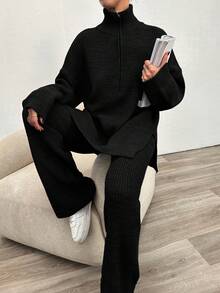 EURMUSE 2pcs Women's Solid Color Zipper Top And Pants Casual Knit Sweater Set - Black - View 3