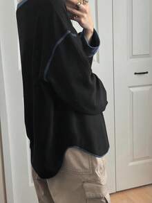 FRIFUL 女式海军蓝撞色绿色圆领白色明线装饰落肩长袖宽松休闲百搭 T 恤，秋季 - 黑色 - 查看 2