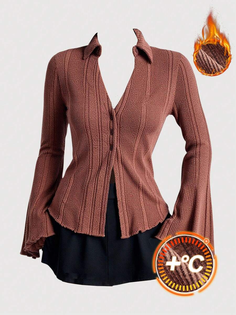 SHEIN MOD Women's Casual Solid Color Bell Sleeve Button Front T-Shirt,Autumn/Winter,Halloween Clothes ,New Year Women's Clothes,Thanksgiving, Warmth,Casual - Brown - View 1