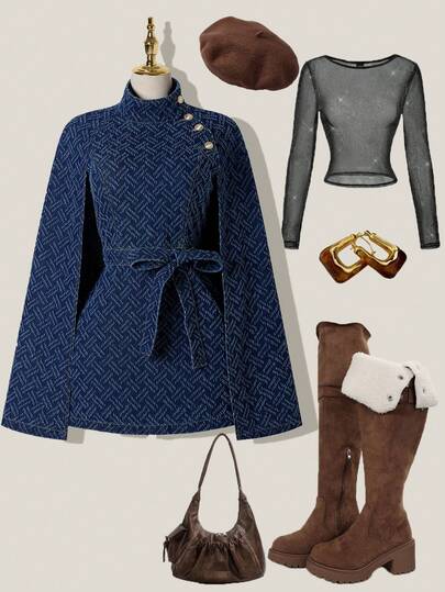 SHEIN MOD Women's New Slim Fit Stand Collar Belted Denim Cape Jacket, Suitable For All Seasons French Style Clothes Royal Blue Women Clothes Nautical Clothing For Women Chic Women's Denim Stand Collar Cape Coat With Golden Buttons And Tie Waist Fashionable Jacket For Ladies Women's Winter Jacket Autumn Clothes For Women Christmas Clothes New Year Clothes  Elegant Cloak For Party Elegant Women's Stand Collar Cape