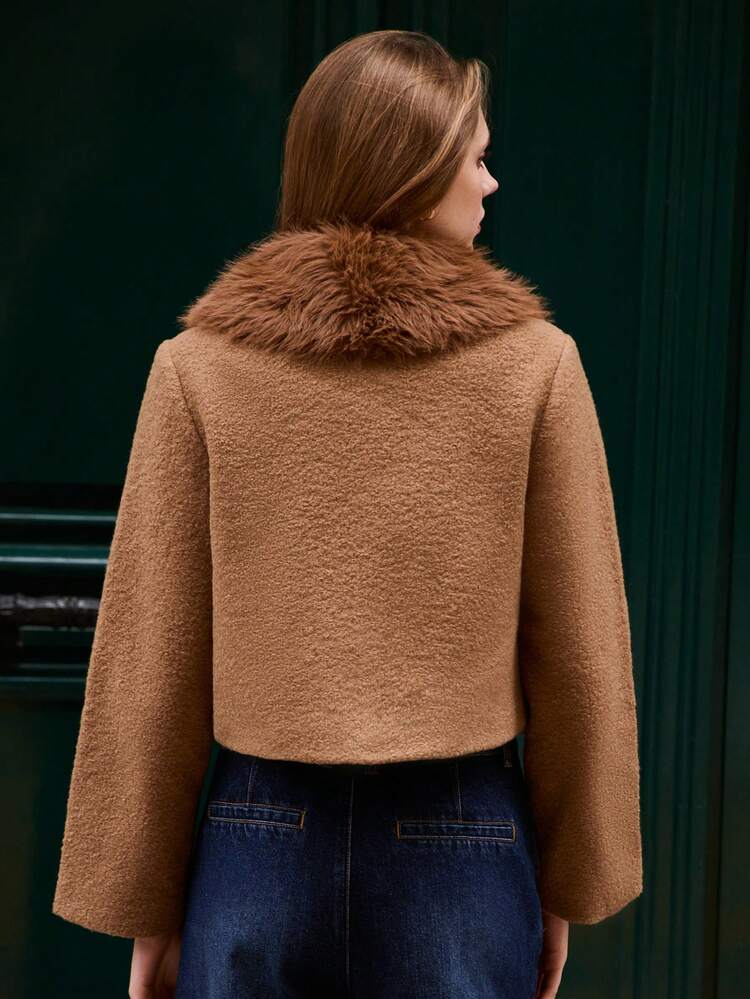 Light Brown Tweed Cropped Jacket With Brown Faux Fur Collar And Cuffs, Vintage Style Fall-Winter