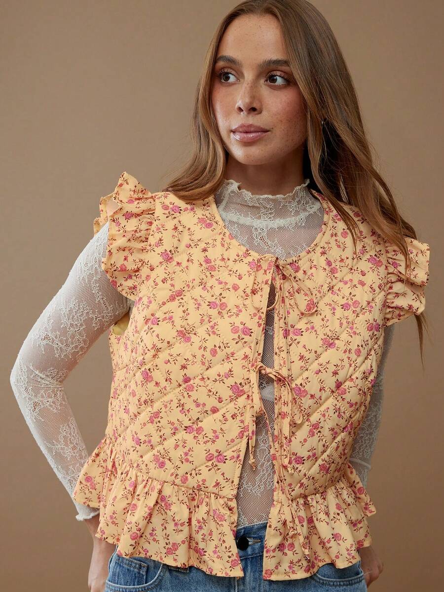 WESTFADE Round Neck Flutter Sleeve Bow Tie Front Ruffle Peplum Sleeveless Floral Puffer Vest Top Fall, Autumn, Winter