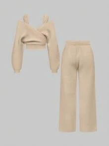 ROMWE Kawaii 1 Set Women Shoulder Strap V-Neck Lace Strap Loose Wide-Leg Pants Comfortable Home Knit Sweater Two Pieces - Camel - View 2