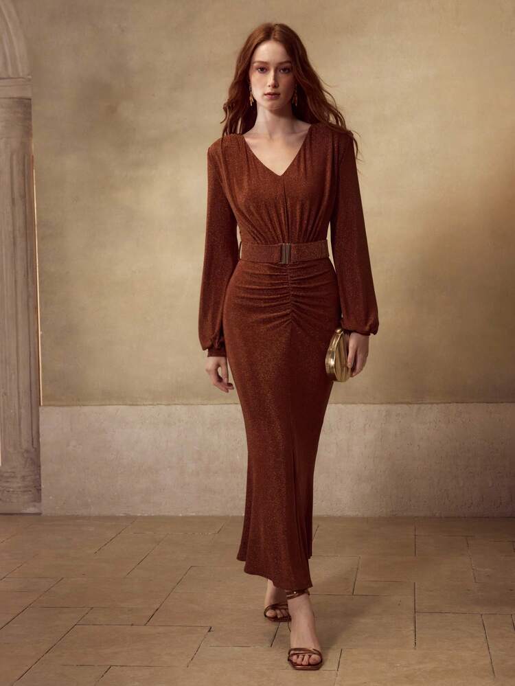 女性用Vネック ギャザーウエスト ベルト装飾 エレガントロングドレス