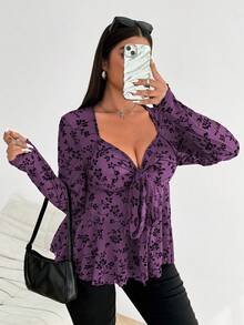 Vibekara Plus Size Women Bowknot Strap Ruched Mesh Flocked A-Line Party Occasion Top - Purple - View 5