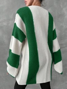 EURMUSE Women'S Striped Color Block Drop Shoulder Cardigan - Green - View 2